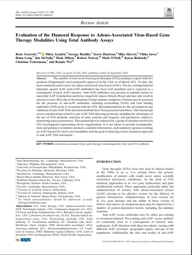 Evaluation of Humoral Response to Adeno-Associated Virus-Based Gene Therapy Modalities Using Total Antibody Assays 2021 image