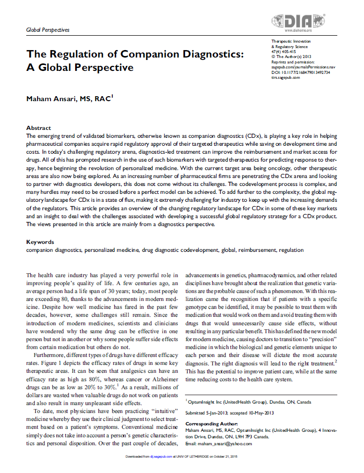 PFM - The Regulation of Companion Diagnostics A Global Perspective. Ther Inn. - Screenshot