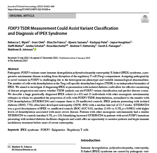 FOXP3 TSDR Measurement Could Assist Variant Classification and Diagnosis of IPEX Syndrome