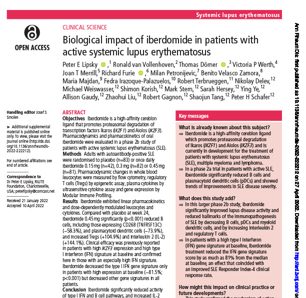 Iberdomide’s Biological Impact in Active Systemic Lupus Erythematosus Patients