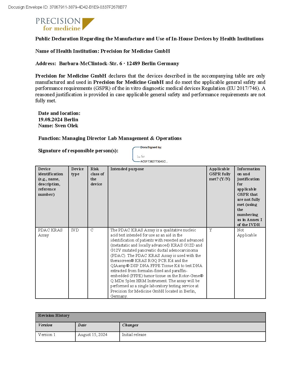 PDAC KRAS Assay GSPR Compliance Statement